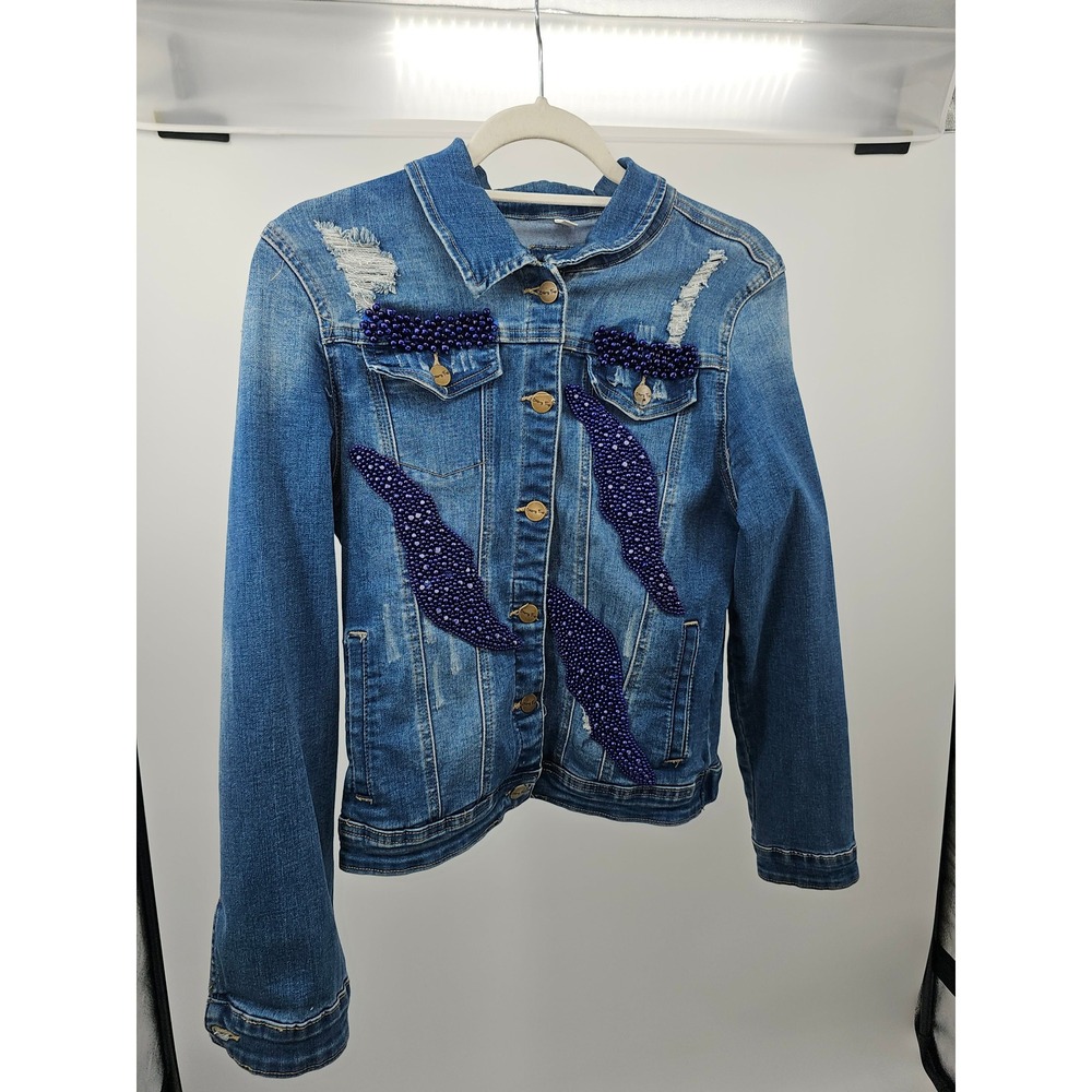 Skinny Fries Distressed Beaded Denim Jacket Patches Blue youth L